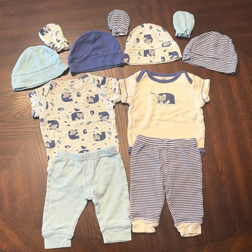 Touched by Nature Organic Cotton Baby Set 8 Pc Outfit Bundle 0-6M Blue